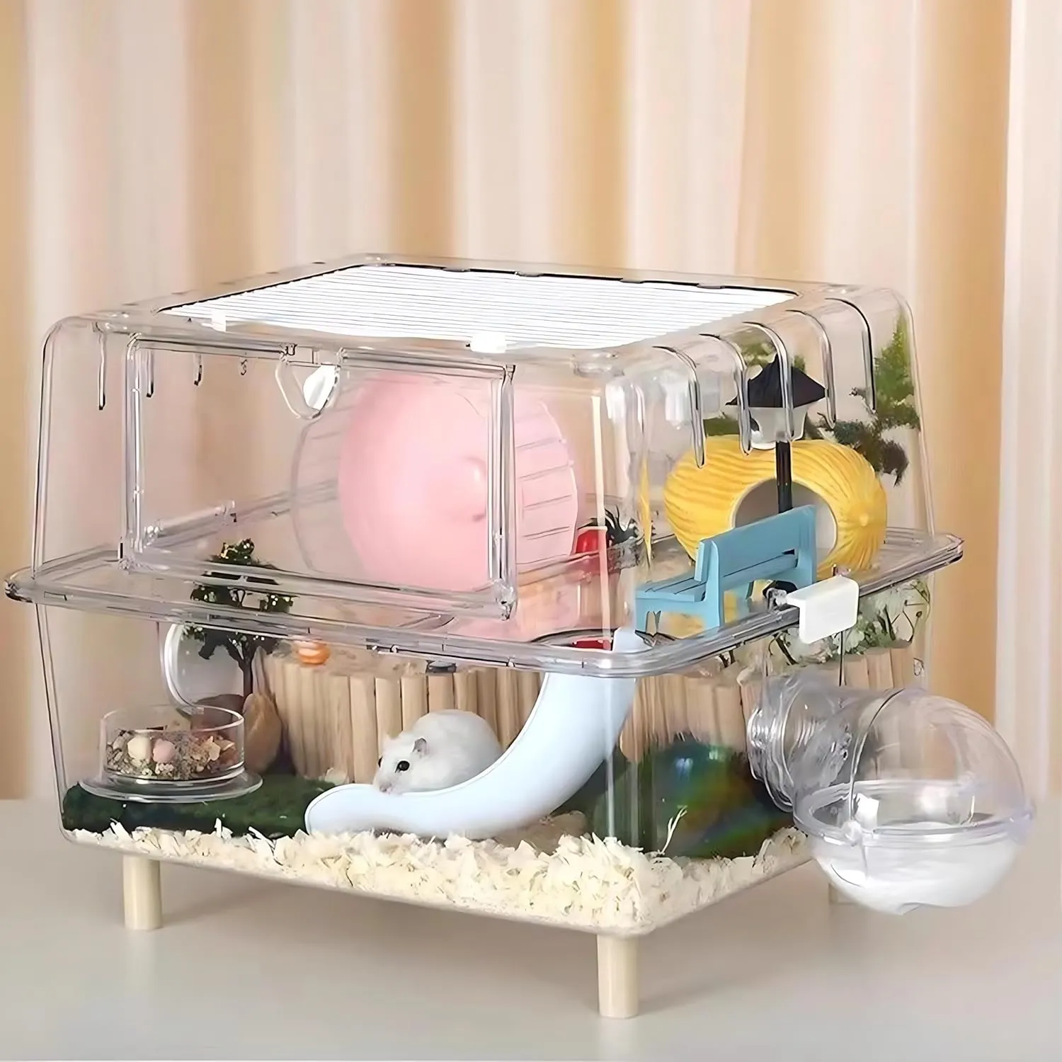 2-Floor Hamster and Guinea Pig Cage,Deluxe Rat Cage,Transparent Acrylic Small Animal Habitat with Slide(Acrylic Clear:17"x14"x12")
