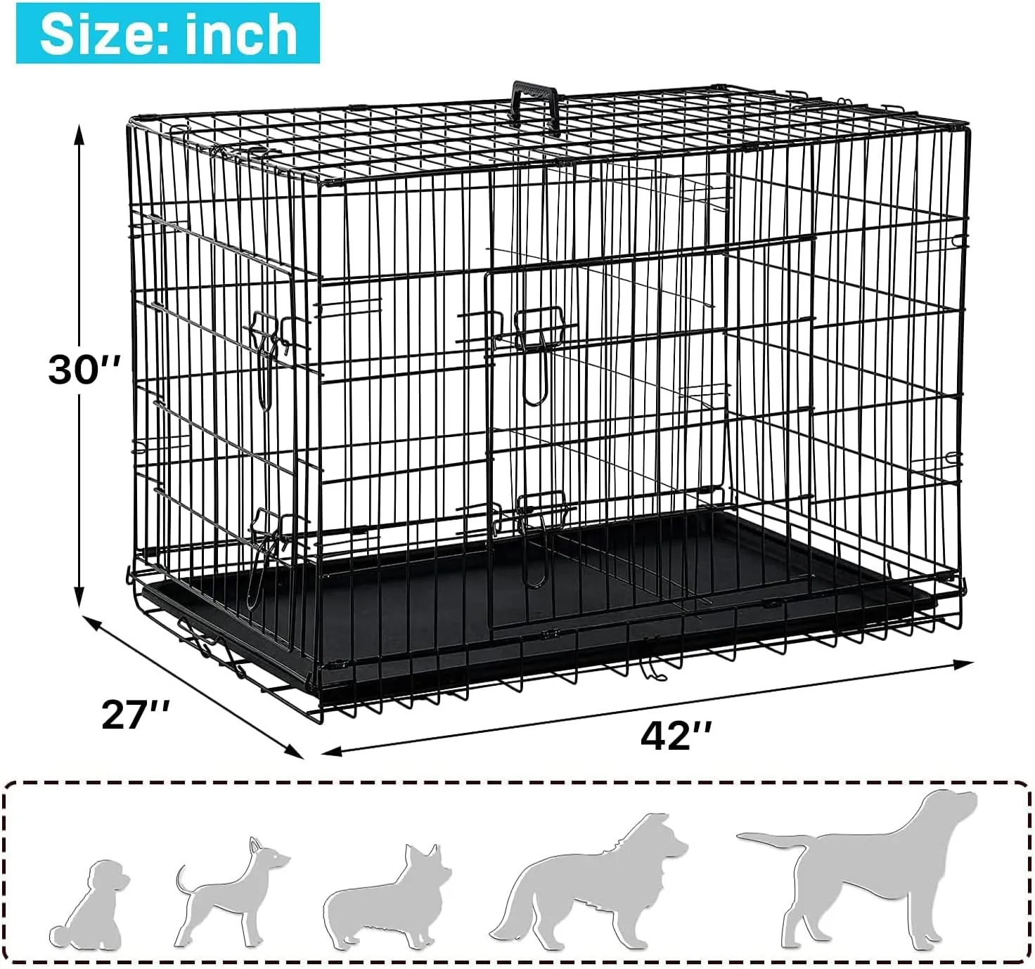 42 Inch Dog Crate Large Double-Door Dog Kennel with Plastic Tray & Divider, Indoor Outdoor Folding XL Dog Cage Pet House