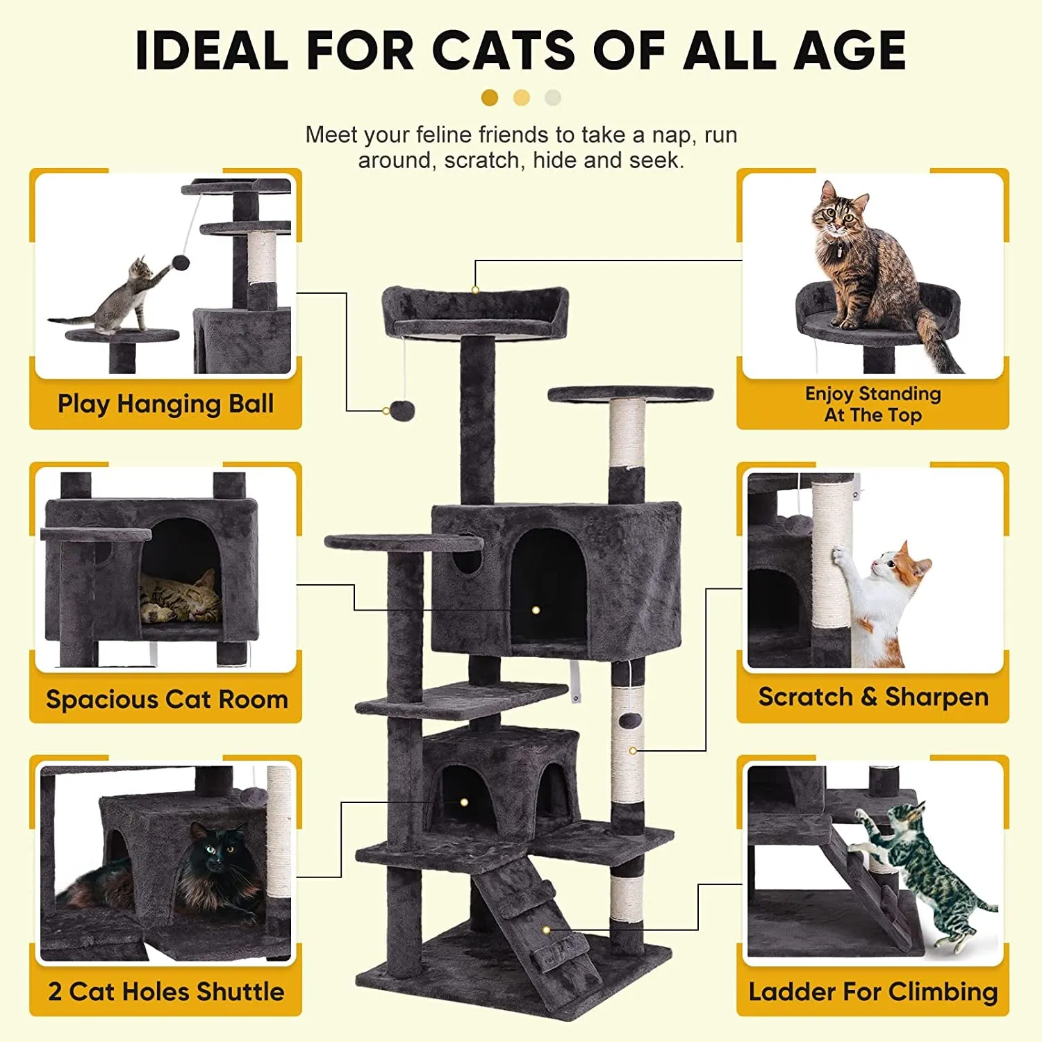 54In Cat Tree Cat Tower for Indoor Cats Plush Cat Condo Multi-Level Cat Furniture with Scratching Post, Jumping Platform Cat Play House Activity Center