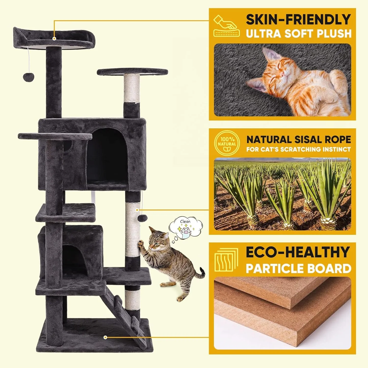 54In Cat Tree Cat Tower for Indoor Cats Plush Cat Condo Multi-Level Cat Furniture with Scratching Post, Jumping Platform Cat Play House Activity Center