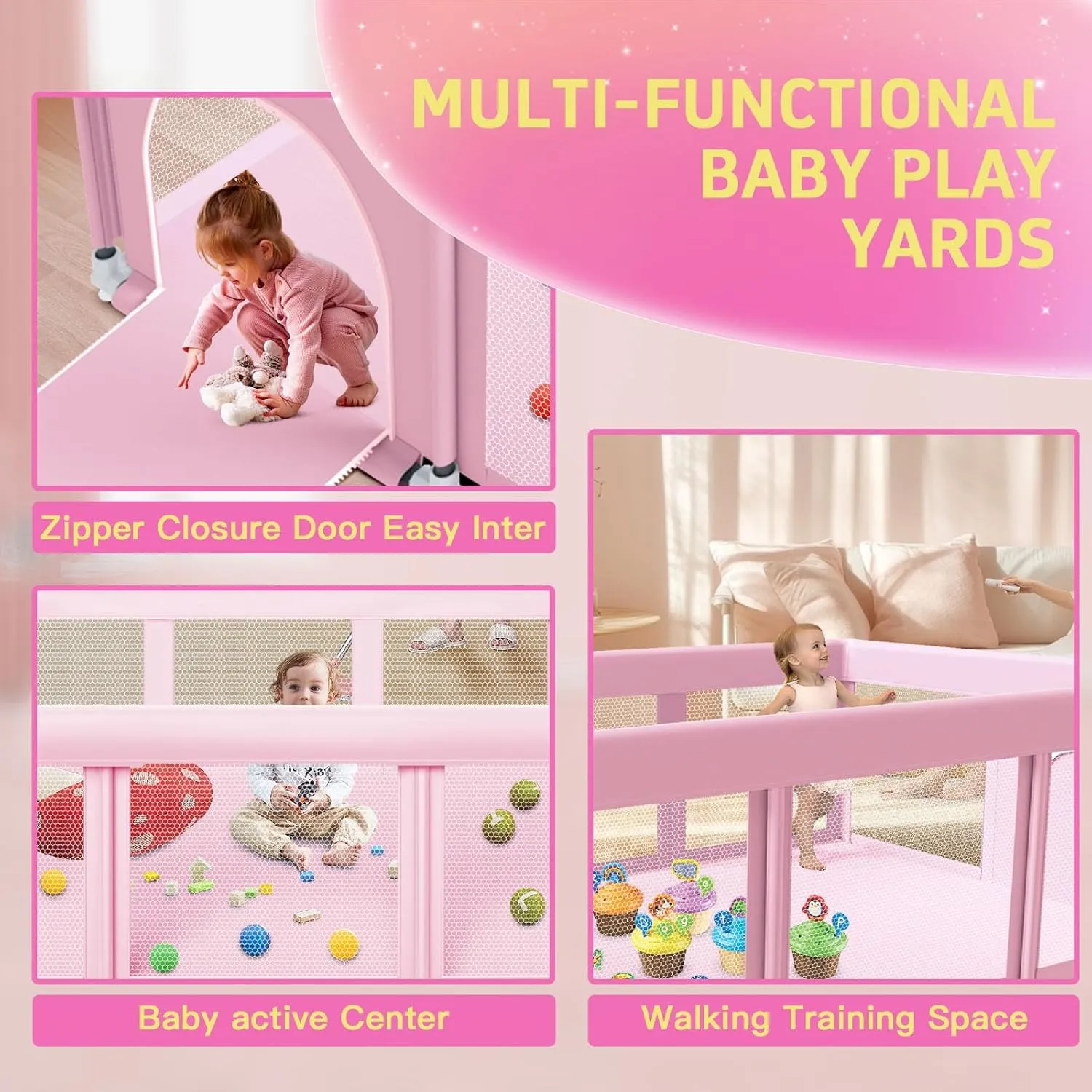 74" 50" Large Baby Playpen, Baby Play Pen for Babies and Toddlers, Playard for Indoor & Outdoor, Sturdy Safety Play Yard with Soft Breathable Mesh, Anti-Fall, Pink
