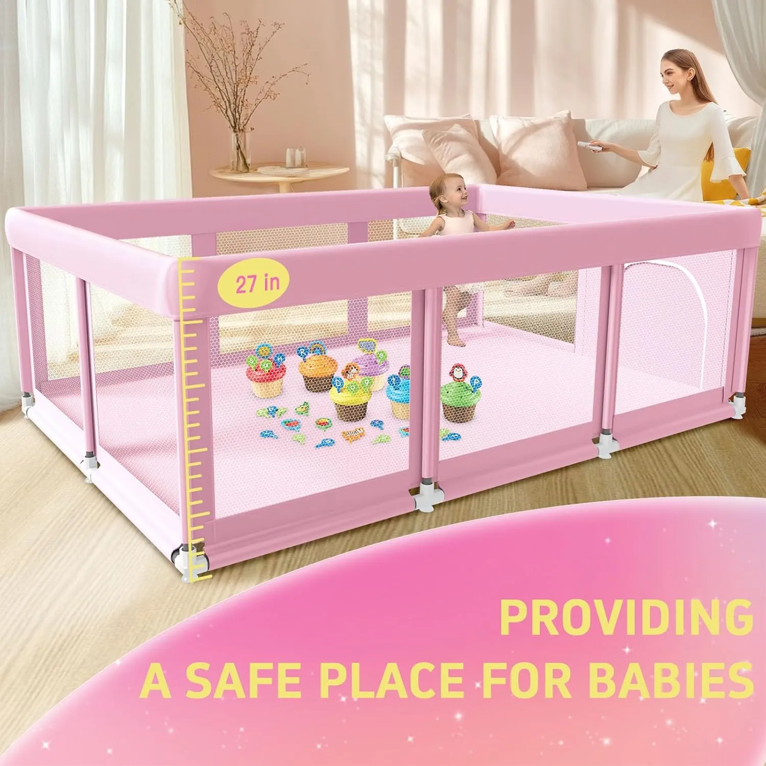 74" 50" Large Baby Playpen, Baby Play Pen for Babies and Toddlers, Playard for Indoor & Outdoor, Sturdy Safety Play Yard with Soft Breathable Mesh, Anti-Fall, Pink