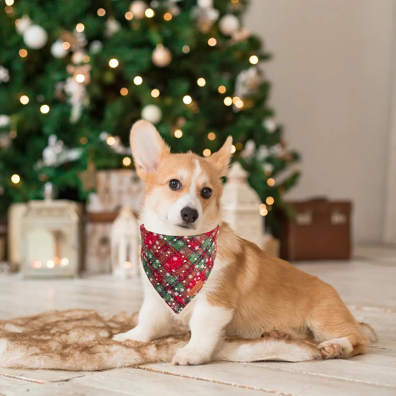 ADOGGYGO 2 Pack Dog Bandanas Christmas, Stylish Plaid Snowflake Pet Scarf, Premium Durable Fabric, Multiple Sizes Offered, Christmas Bandanas for Medium Large Dogs Pets (Large)