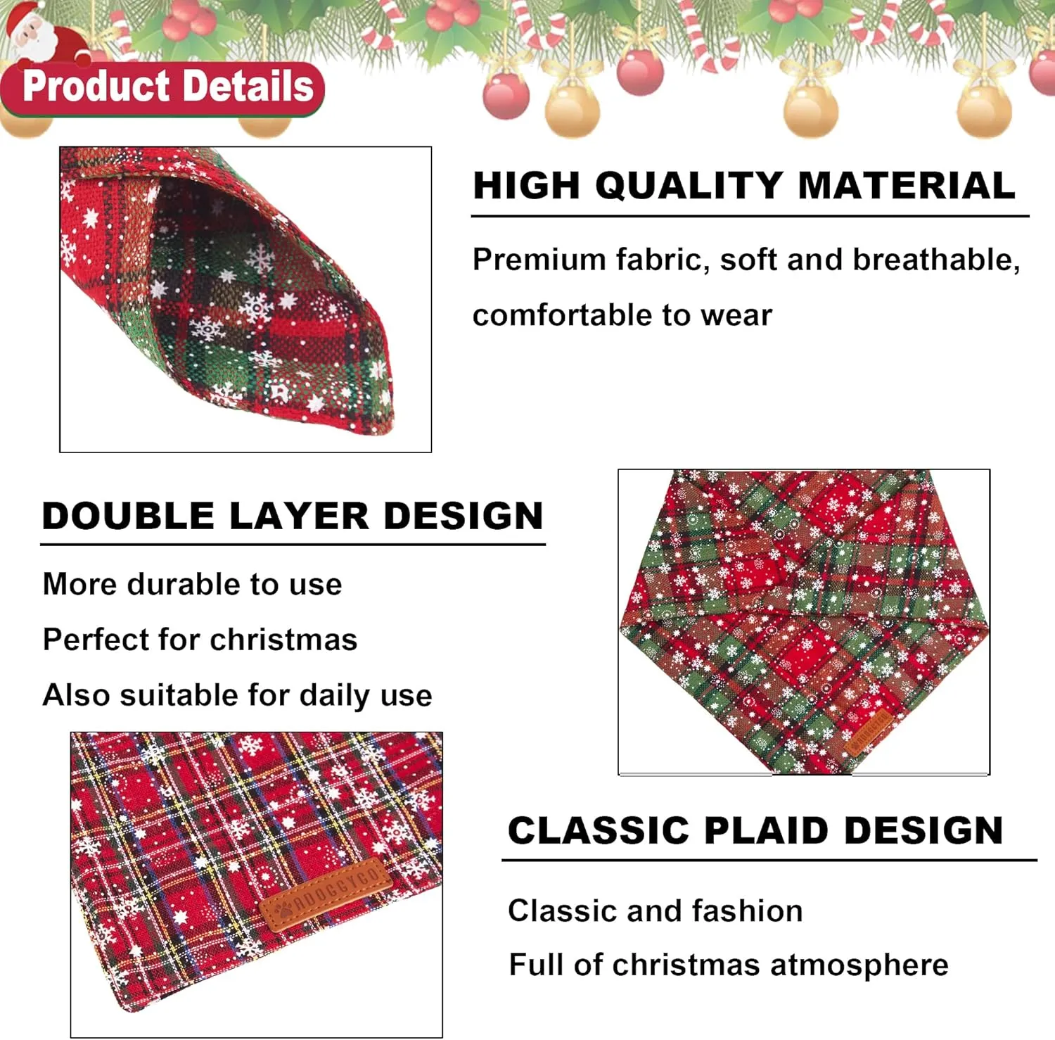 ADOGGYGO 2 Pack Dog Bandanas Christmas, Stylish Plaid Snowflake Pet Scarf, Premium Durable Fabric, Multiple Sizes Offered, Christmas Bandanas for Medium Large Dogs Pets (Large)