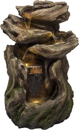 Alpine Corporation WIN1118 Indoor Floor Rainforest Log Fountain with LED Lights, 5-Tier Waterfall Garden Fountain 22", Brown