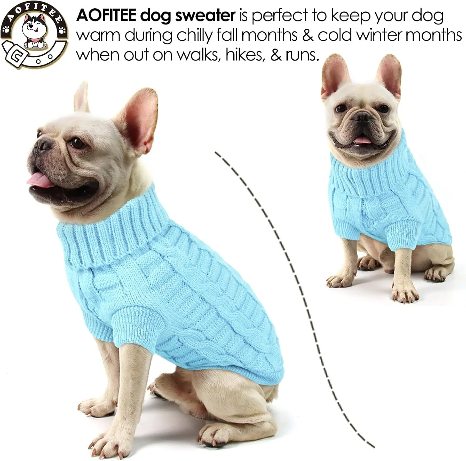 AOFITEE Small Dog Christmas Sweater, Knitted Turtleneck Knitwear, Cold Weather Warm Sweatshirt for Dogs Cats, Classic Solid Color, S Blue