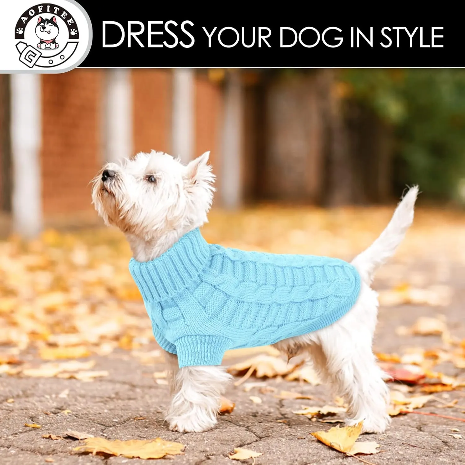 AOFITEE Small Dog Christmas Sweater, Knitted Turtleneck Knitwear, Cold Weather Warm Sweatshirt for Dogs Cats, Classic Solid Color, S Blue