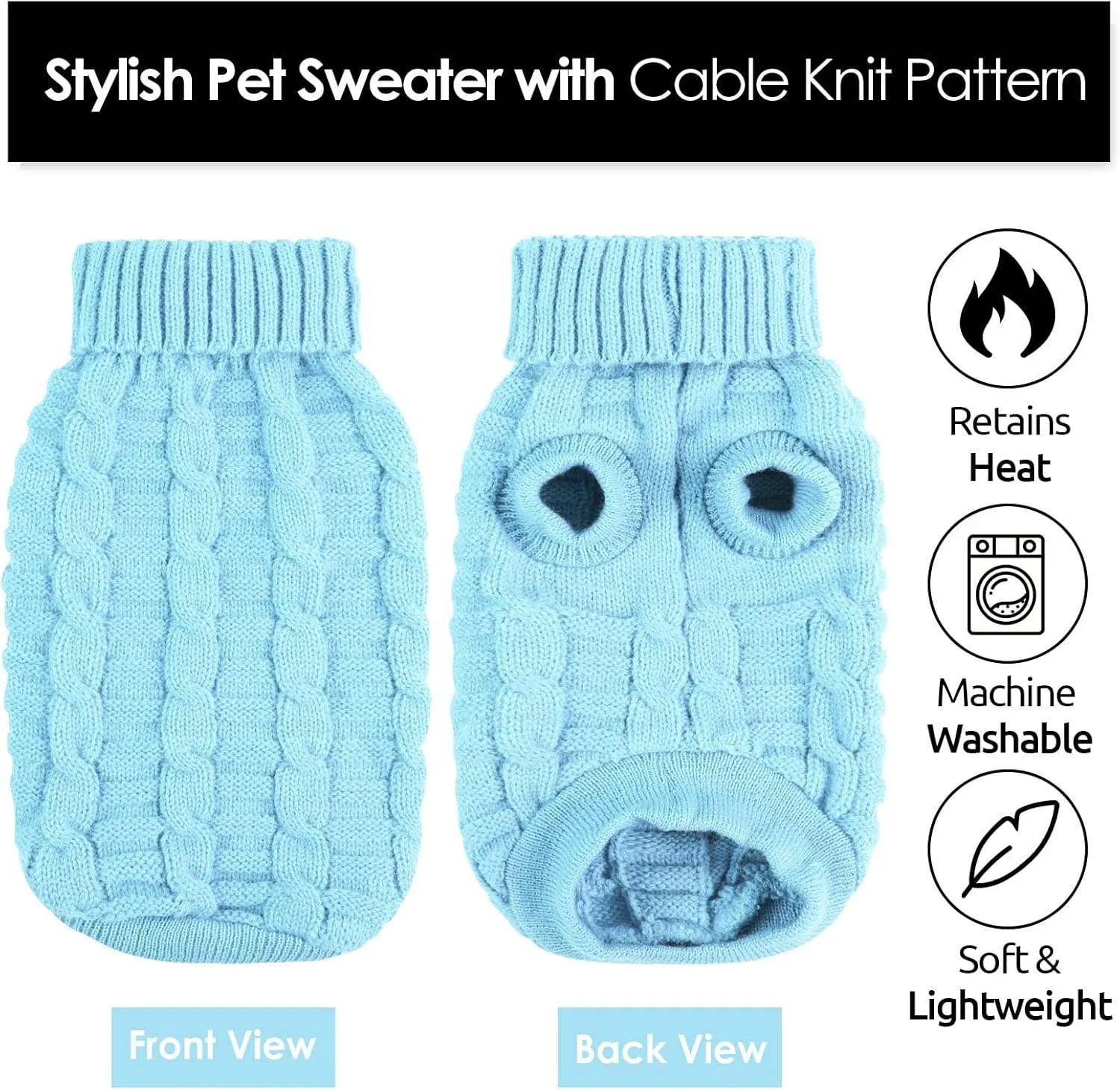 AOFITEE Small Dog Christmas Sweater, Knitted Turtleneck Knitwear, Cold Weather Warm Sweatshirt for Dogs Cats, Classic Solid Color, S Blue