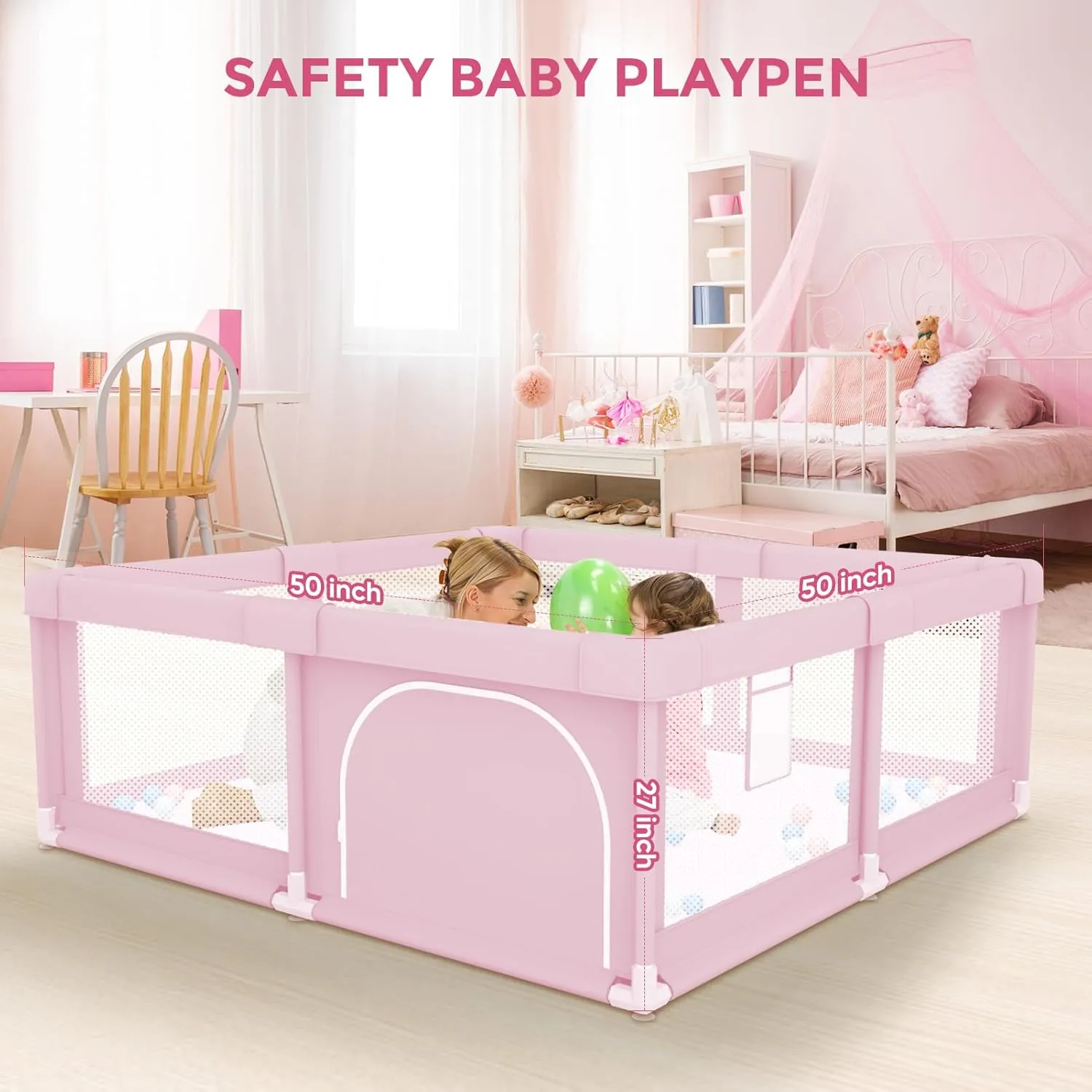 Baby Playpen for Toddler, Large Playpen for Babies 50"  50" Baby Fence Playards, Kids Safety Play Pen Area for Indoor & Outdoor (Pink)