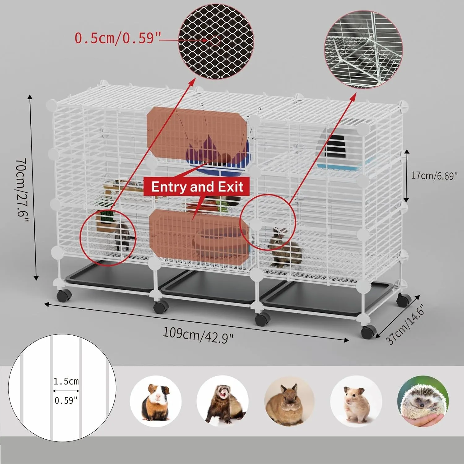 Big Guinea Pig Cages Indoor: 3-Tier C&C Rabbit Cage Small Animal Cage on Wheel with Removable Tray for Bunny Hamster Ferret Rat Chinchilla Hedgehog