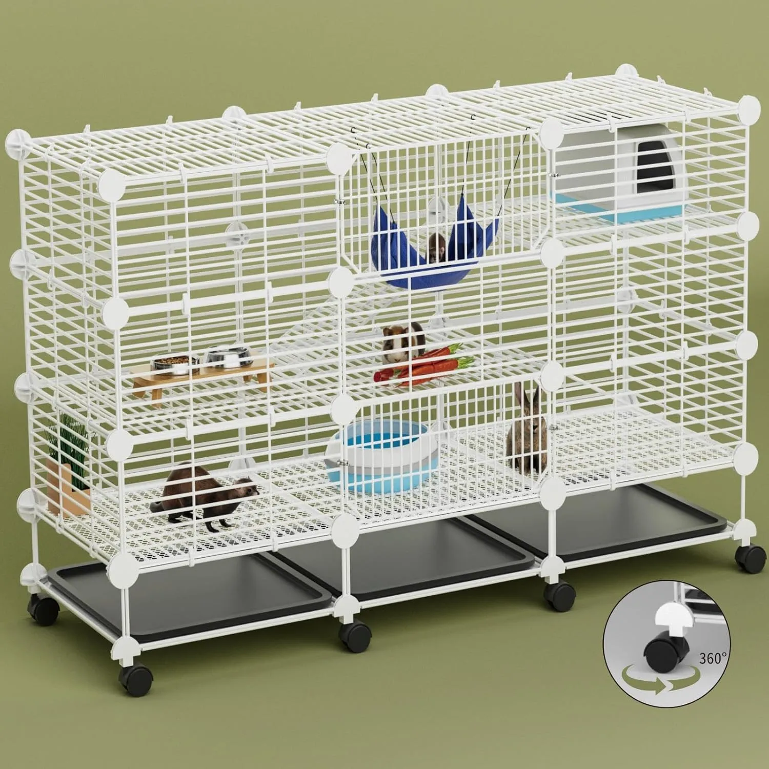 Big Guinea Pig Cages Indoor: 3-Tier C&C Rabbit Cage Small Animal Cage on Wheel with Removable Tray for Bunny Hamster Ferret Rat Chinchilla Hedgehog