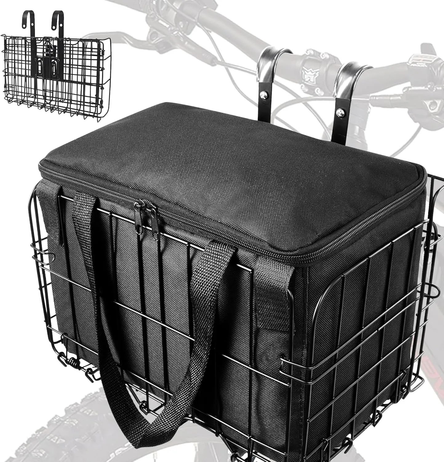 Bike Basket Front Folding Bicycle Basket with Removable Liner Bag, Quick Release Design Metal Ebike Basket for Adult Women/Men Carrying Dogs, Pets, Fruit & Grocery