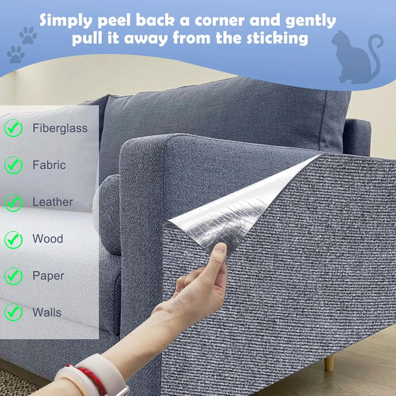 Cat Scratching Mat, 118"x15.8" Trimmable Self-Aadhesive Cat Scratch Carpet, Furniture Protectors from Cats Scratching, DIY Cat Scratching Pads for Couch Furniture Wall Cat Tree, Cat Climbing Wall