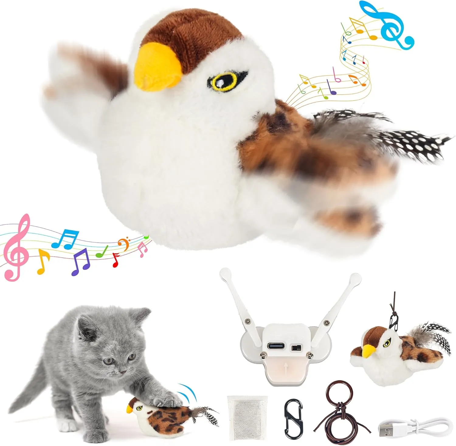 Cat Toys Rechargeable Flapping Bird Sparrow, Lifelike Chirp Tweet, Touch Activated Kitten Toy Interactive Cat Exercise Toys Kicker Catnip Toys