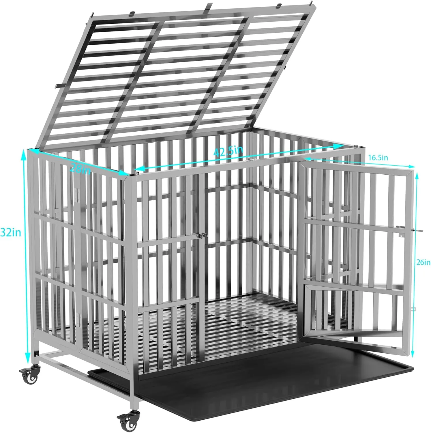 Collapsible Stainless Steel Dog Crate, 30" 37" 42" 48" Sizes, Lockable Wheel, with Tray, Stackable, Heavy Duty, Divider, Indoor and Outdoor (42in)
