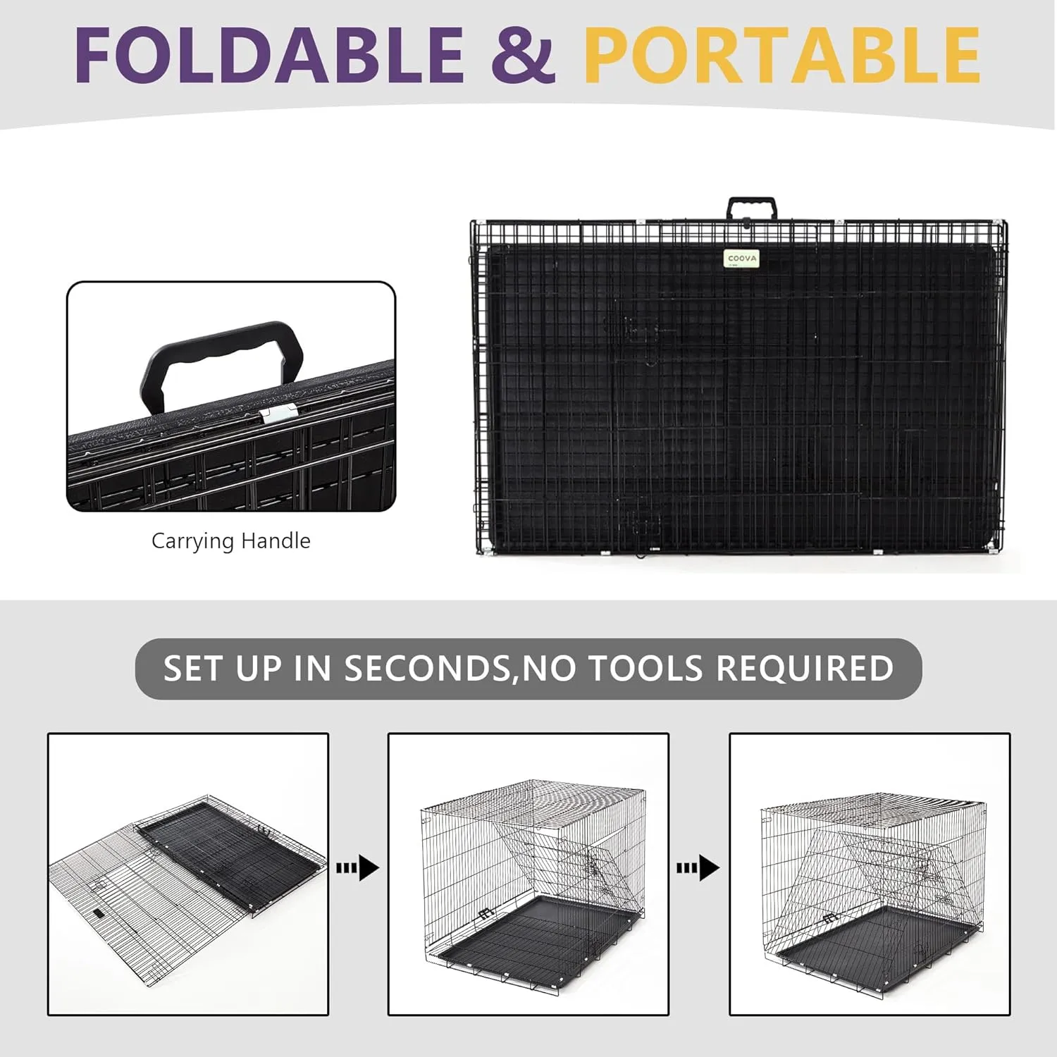 COOVA 42-Inch Large Dog Crate, Durable Metal Pet Kennel, Double Door Foldable Portable Dog Kennel, Leak-Proof Plastic Tray, Equipped with Secure Locks, Suitable for Indoor and Outdoor Use.Black