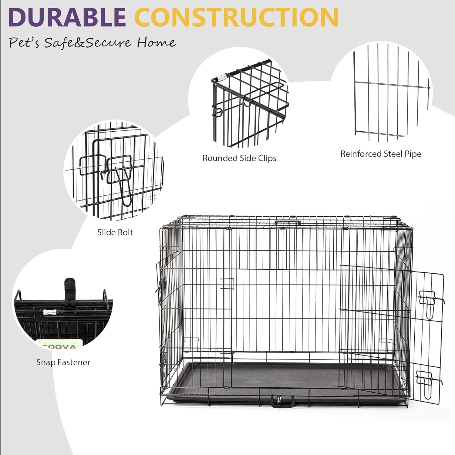 COOVA 42-Inch Large Dog Crate, Durable Metal Pet Kennel, Double Door Foldable Portable Dog Kennel, Leak-Proof Plastic Tray, Equipped with Secure Locks, Suitable for Indoor and Outdoor Use.Black