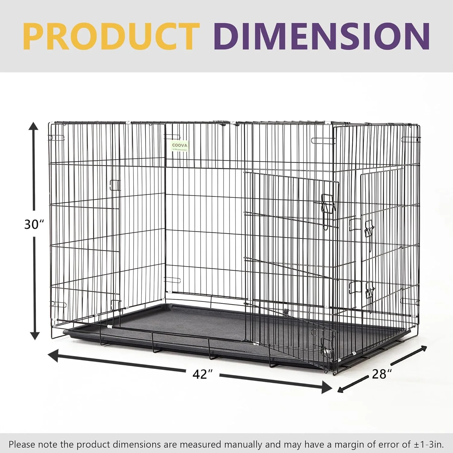 COOVA 42-Inch Large Dog Crate, Durable Metal Pet Kennel, Double Door Foldable Portable Dog Kennel, Leak-Proof Plastic Tray, Equipped with Secure Locks, Suitable for Indoor and Outdoor Use.Black