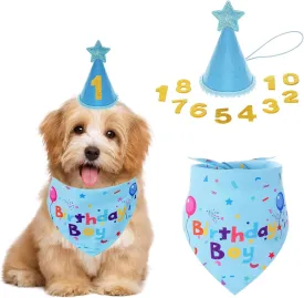 Dog Birthday Party Supplies, Girl Boy Bandana,Birthday Party Hat with Numbers(1-9) for Large Medium Smal Dog Pet (Blue)