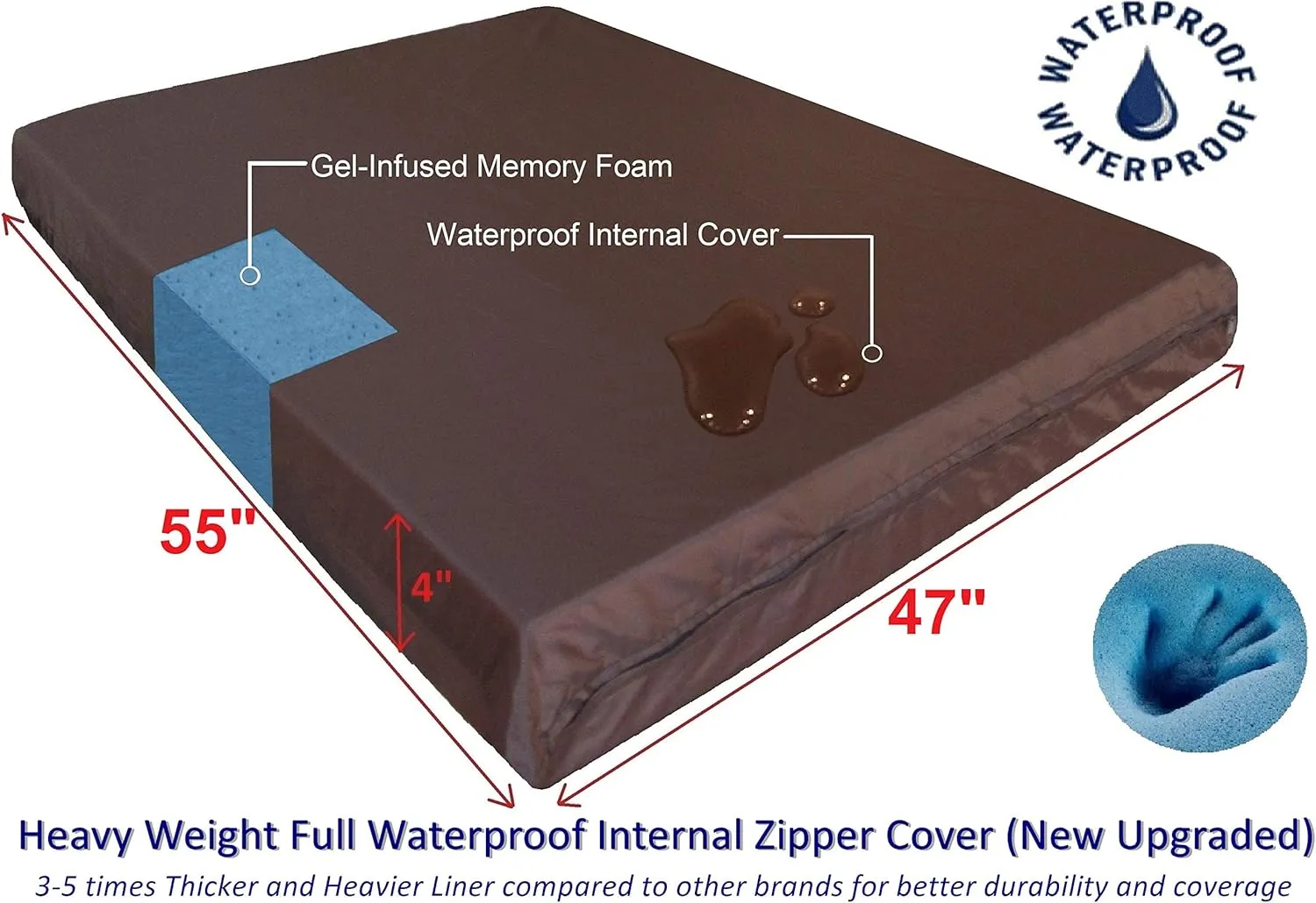 Dogbed4less Jumbo Orthopedic Memory Foam Dog Bed for Large Dogs, Washable Durable Cover, Waterproof Liner and Extra Pet Bed Case, 55"X47"X4", Brown