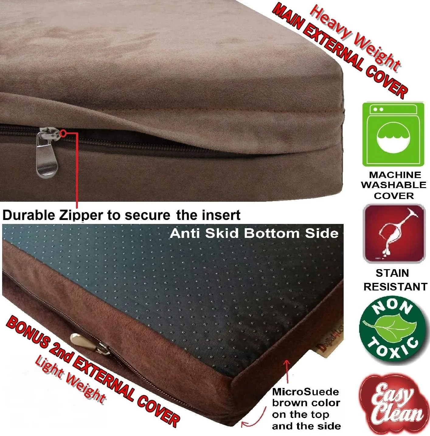 Dogbed4less Jumbo Orthopedic Memory Foam Dog Bed for Large Dogs, Washable Durable Cover, Waterproof Liner and Extra Pet Bed Case, 55"X47"X4", Brown