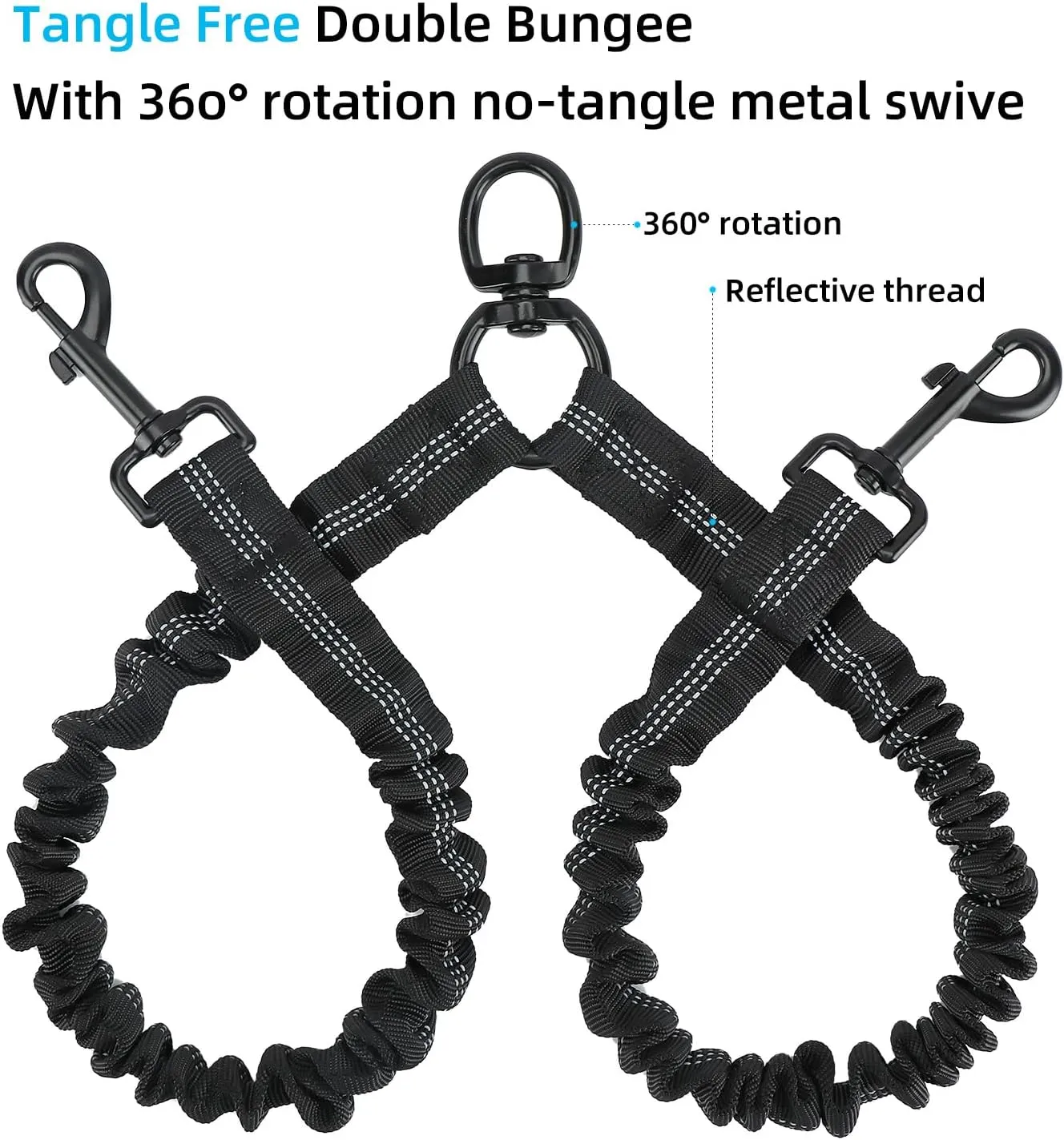 Double Dog Leash, Dual Dog Leash, 360 Swivel No Tangle Double Dog Training Leash, Shock Absorbing Bungee Leash for Two Dogs, Reflective Leash (Black)