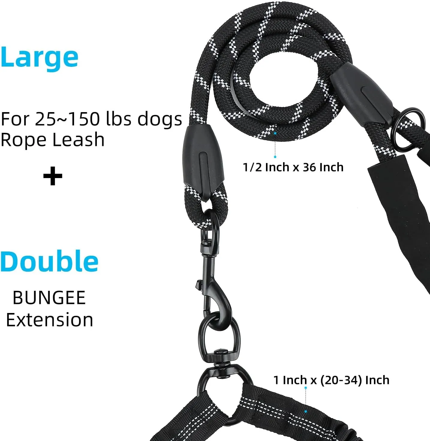 Double Dog Leash, Dual Dog Leash, 360 Swivel No Tangle Double Dog Training Leash, Shock Absorbing Bungee Leash for Two Dogs, Reflective Leash (Black)