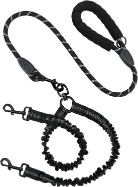 Double Dog Leash, Dual Dog Leash, 360 Swivel No Tangle Double Dog Training Leash, Shock Absorbing Bungee Leash for Two Dogs, Reflective Leash (Black)