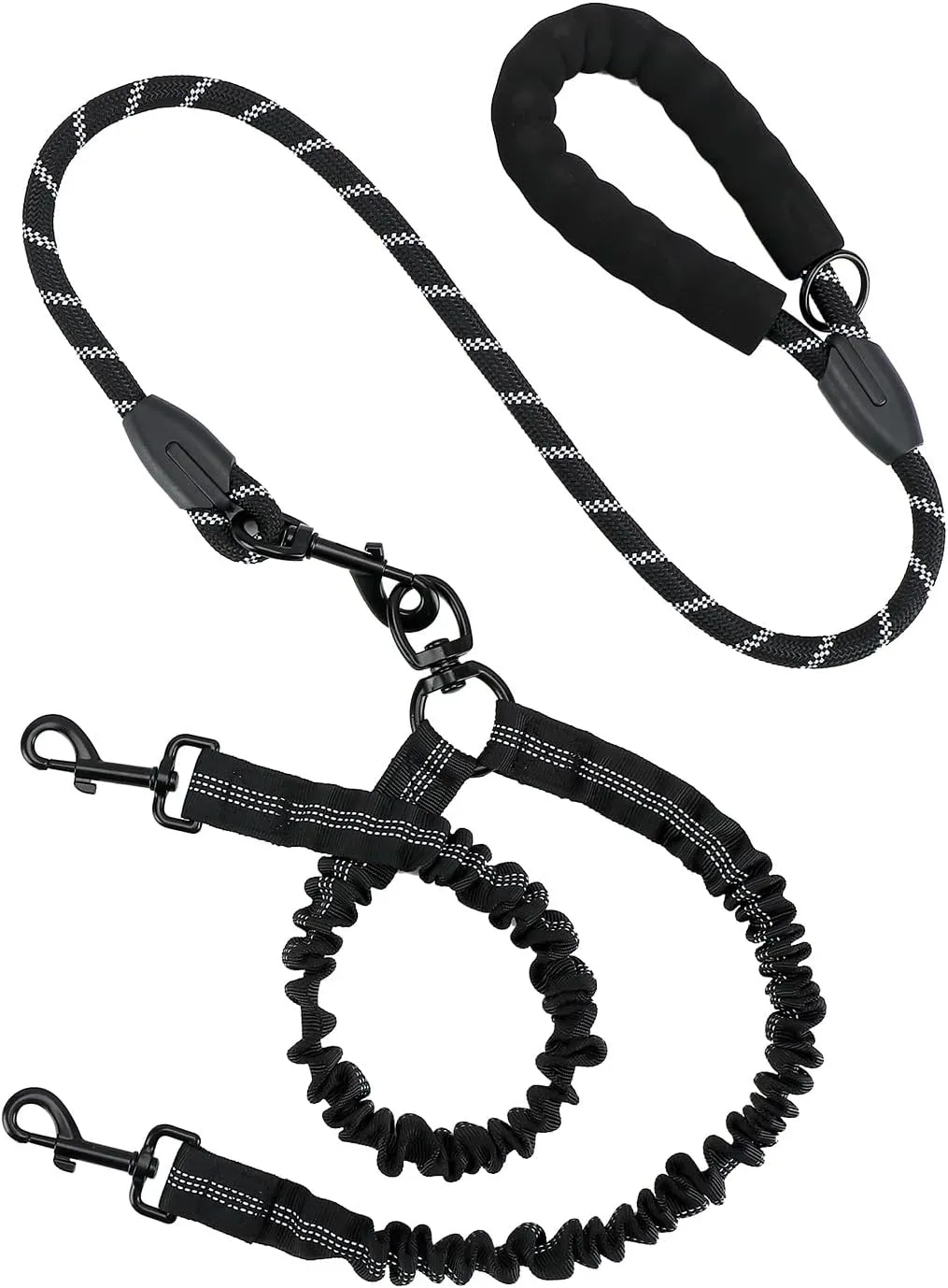 Double Dog Leash, Dual Dog Leash, 360 Swivel No Tangle Double Dog Training Leash, Shock Absorbing Bungee Leash for Two Dogs, Reflective Leash (Black)