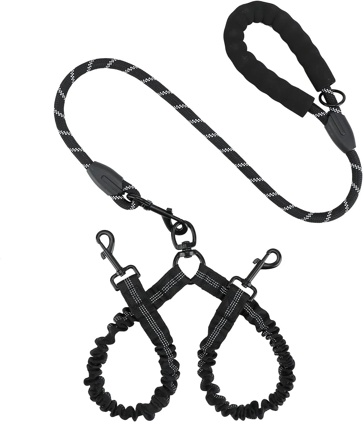 Double Dog Leash, Dual Dog Leash, 360 Swivel No Tangle Double Dog Training Leash, Shock Absorbing Bungee Leash for Two Dogs, Reflective Leash (Black)