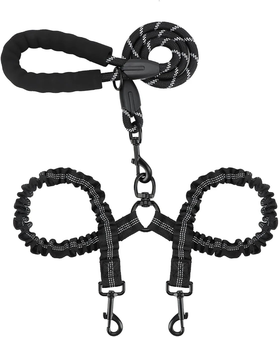 Double Dog Leash, Dual Dog Leash, 360 Swivel No Tangle Double Dog Training Leash, Shock Absorbing Bungee Leash for Two Dogs, Reflective Leash (Black)