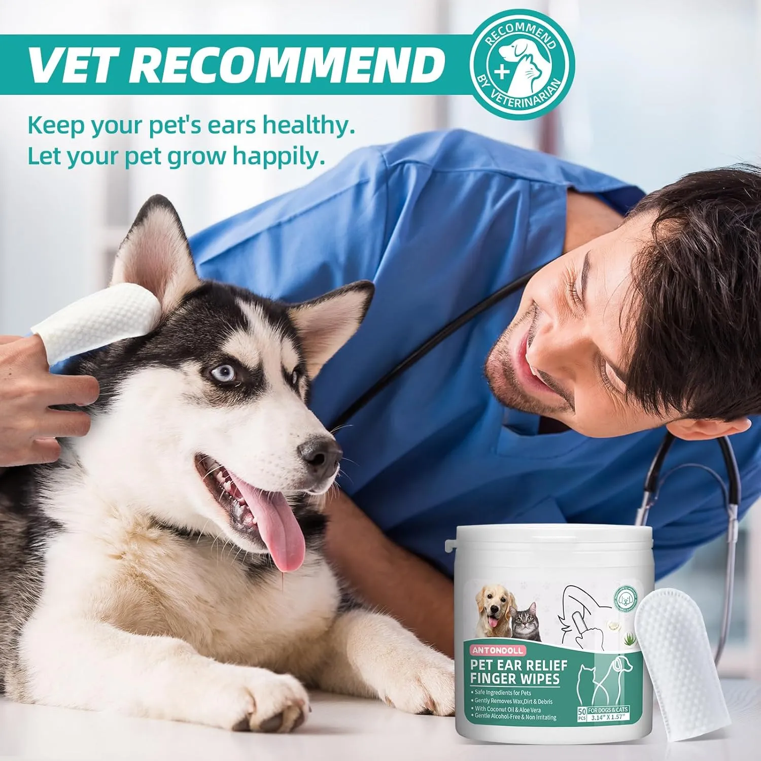 Ear Finger Wipes for Dogs & Cats, Thicker Dog Ear Cat Ear Wipes, Natural Relief Cat Ear Cleaner Dog, Effectively Remove Ear Wax for Dog Kitten Rabbit, Fresh Aloe Scent Deodorizing, 50 Counts