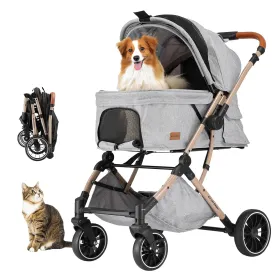 Echosmile 4 Wheel pet Stroller with Sun Cover, Storage Basket, Breathable and Visible mesh for Small/Medium Cats and Dogs, Foldable Puppy Stroller, Gray
