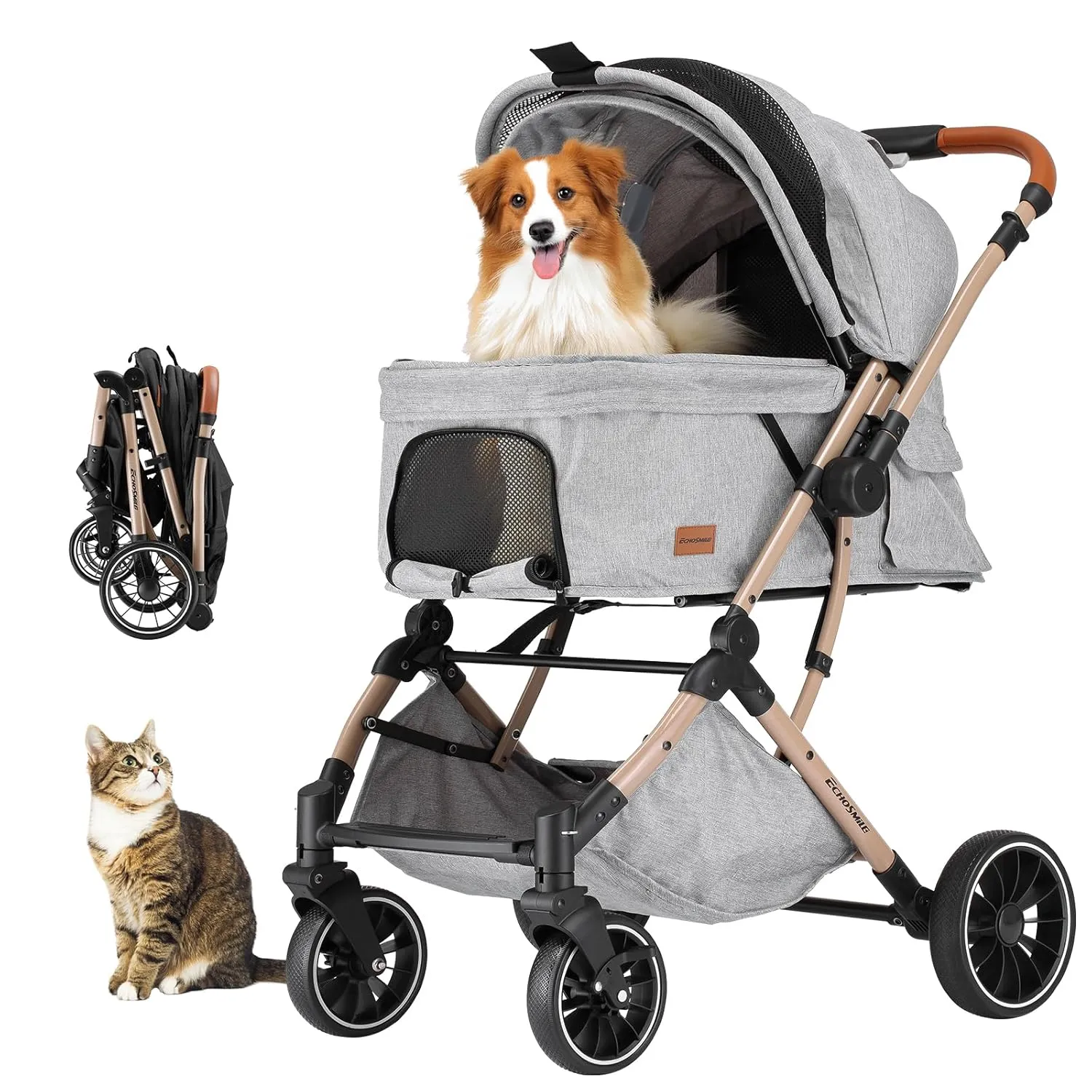Echosmile 4 Wheel pet Stroller with Sun Cover, Storage Basket, Breathable and Visible mesh for Small/Medium Cats and Dogs, Foldable Puppy Stroller, Gray