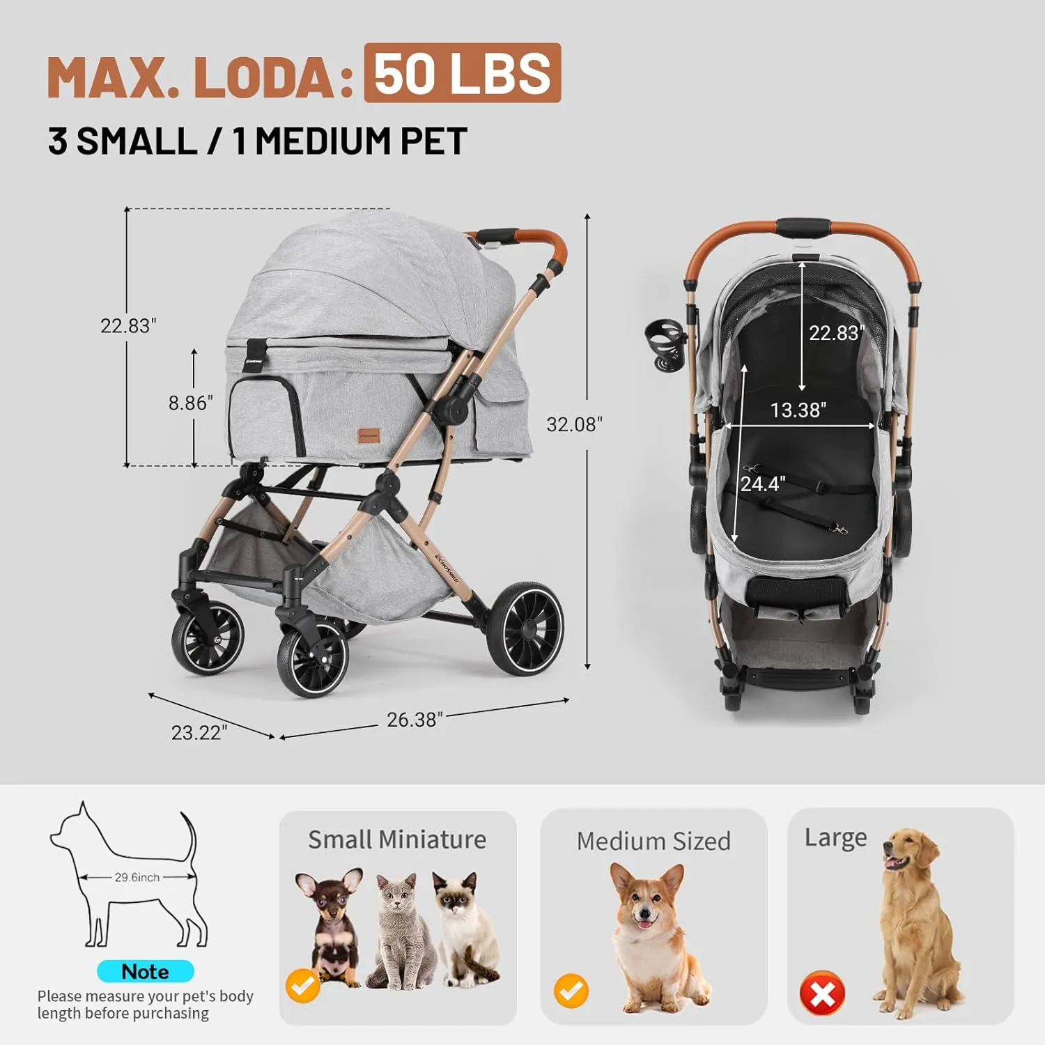 Echosmile 4 Wheel pet Stroller with Sun Cover, Storage Basket, Breathable and Visible mesh for Small/Medium Cats and Dogs, Foldable Puppy Stroller, Gray