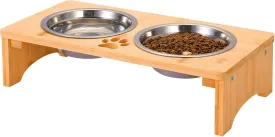 Elevated Dog Bowl Stand - Bamboo Raised Feeder for Small Dogs & Cats, Non-Slip With 2 Stainless Steel Food & Water Bowls, 4" Tall (Waterproof Wooden)