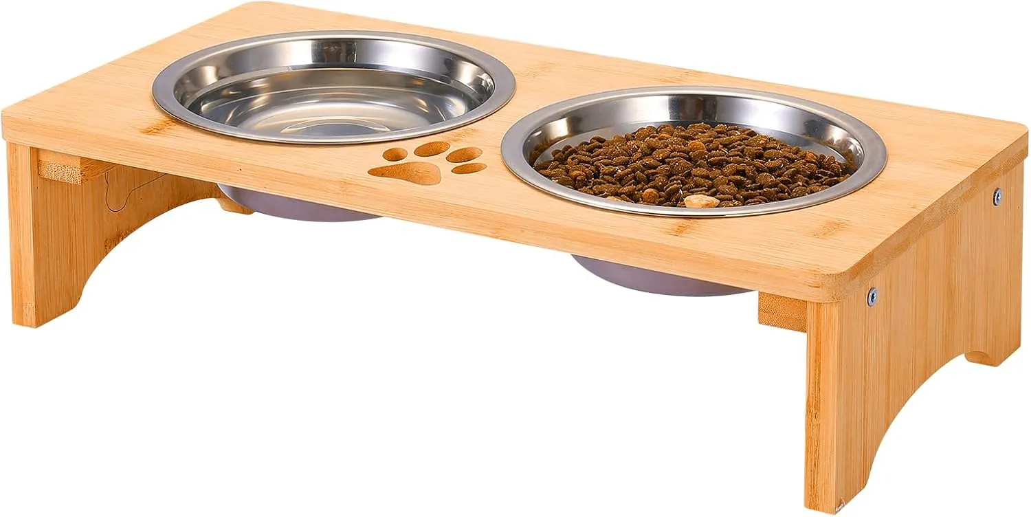 Elevated Dog Bowl Stand - Bamboo Raised Feeder for Small Dogs & Cats, Non-Slip With 2 Stainless Steel Food & Water Bowls, 4" Tall (Waterproof Wooden)