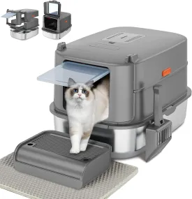 Enclosed Stainless Steel Litter Box with Lid for Big Cats/Kittens, XL Large Removable Cat Litter pan with Scoop, Mat, Stairs, carbon cartridge, Odorless, Non-Sticky, Easy Cleaning (Dark Grey)