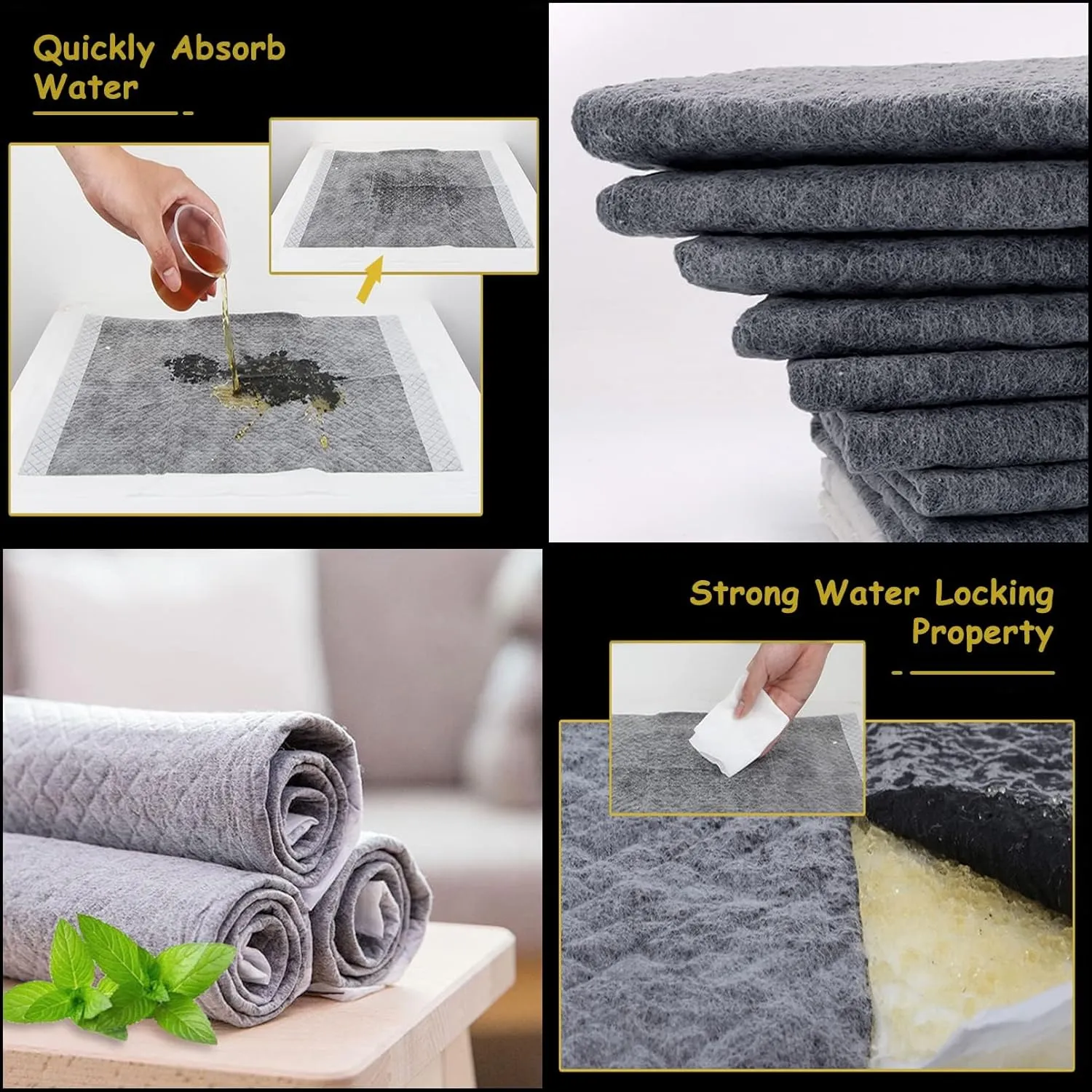 Fhiny 50PCS Rabbit Pee Pads, 18"  24" Disposable Cage Liner Black Carbon Odor-Control, All-Absorb Charcoal Training Accessories with Quick-Dry Surface for Bunny Rabbit Puppy Small Animals