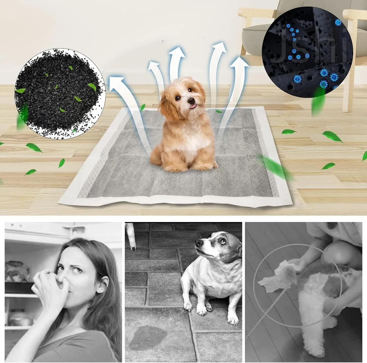 Fhiny 50PCS Rabbit Pee Pads, 18"  24" Disposable Cage Liner Black Carbon Odor-Control, All-Absorb Charcoal Training Accessories with Quick-Dry Surface for Bunny Rabbit Puppy Small Animals