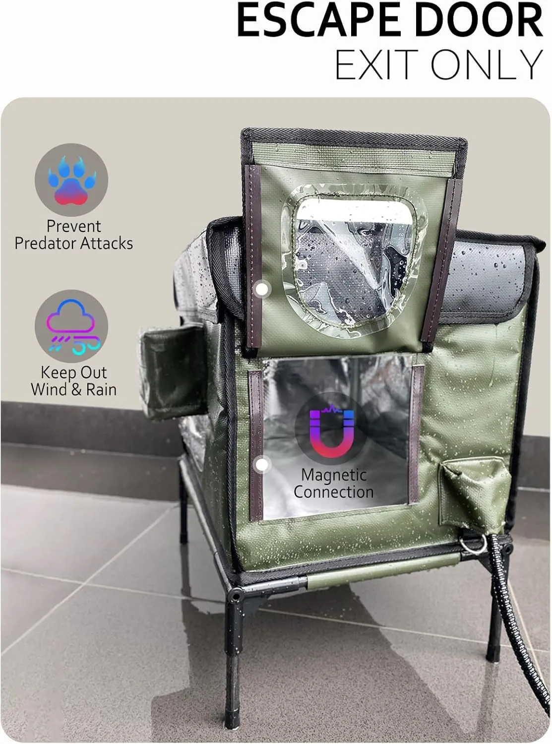 Heated Cat House for Outside Cat Insulated in Winter,Fully Waterproof,with Adjustable Awning,Escape Door,Indoor Outdoor Cat Shelter for Feral Stray Barn Cat to Stay Warm&Dry,Army Green,13x18.5x21.2in