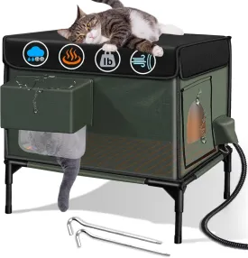 Heated Cat House for Outside Cat Insulated in Winter,Fully Waterproof,with Adjustable Awning,Escape Door,Indoor Outdoor Cat Shelter for Feral Stray Barn Cat to Stay Warm&Dry,Army Green,13x18.5x21.2in