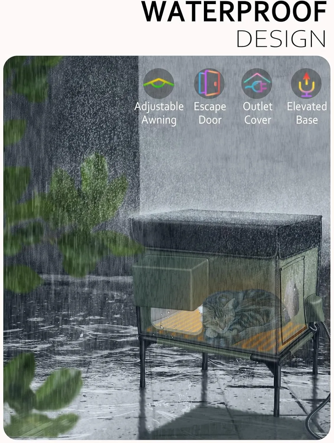 Heated Cat House for Outside Cat Insulated in Winter,Fully Waterproof,with Adjustable Awning,Escape Door,Indoor Outdoor Cat Shelter for Feral Stray Barn Cat to Stay Warm&Dry,Army Green,13x18.5x21.2in