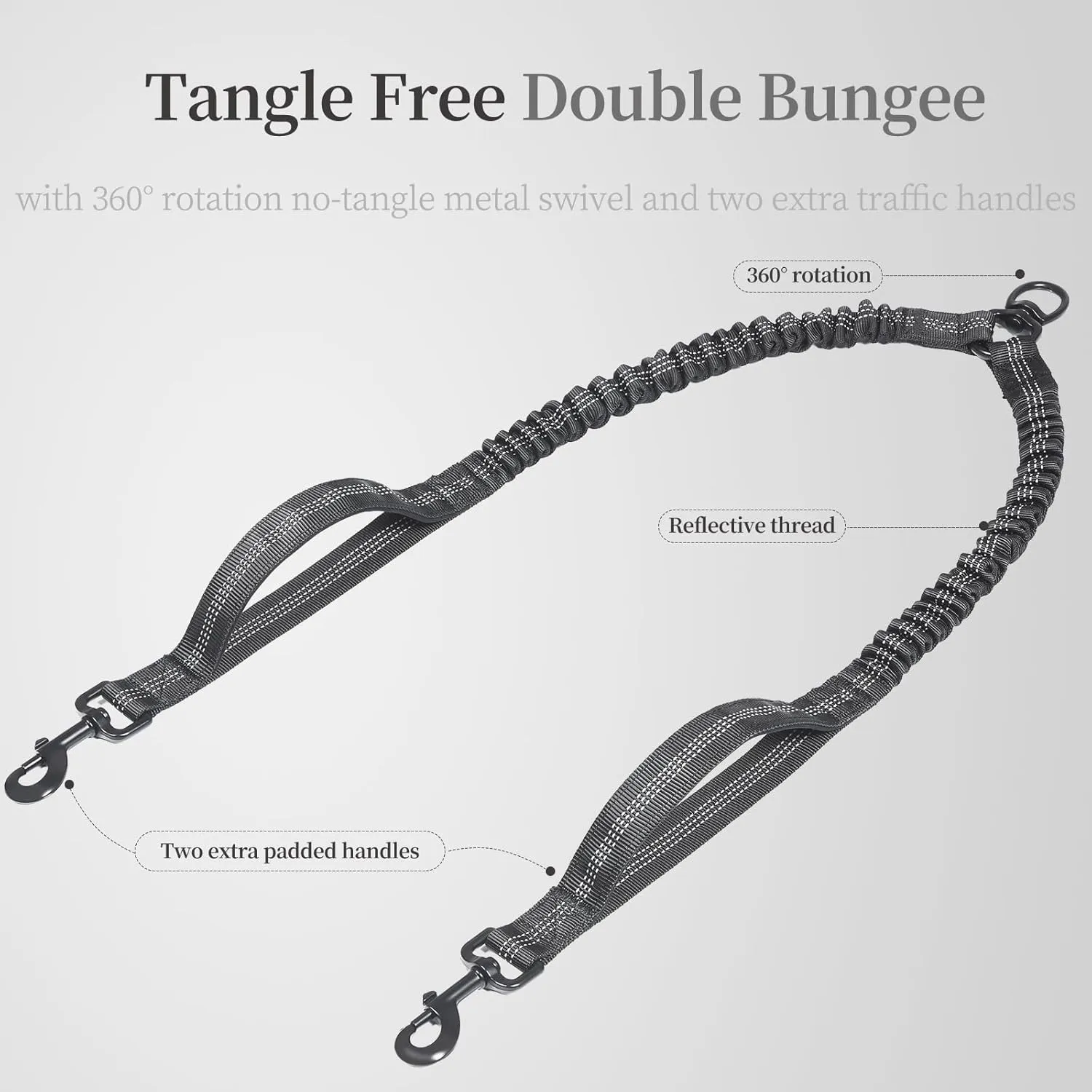 iYoShop Double Dog Leash with Three Extra Traffic Handles, 360 Swivel No Tangle Dual Dog Walking Leash, Comfortable Shock Absorbing Reflective Bungee for Two Dogs(5-18 lbs, Black)
