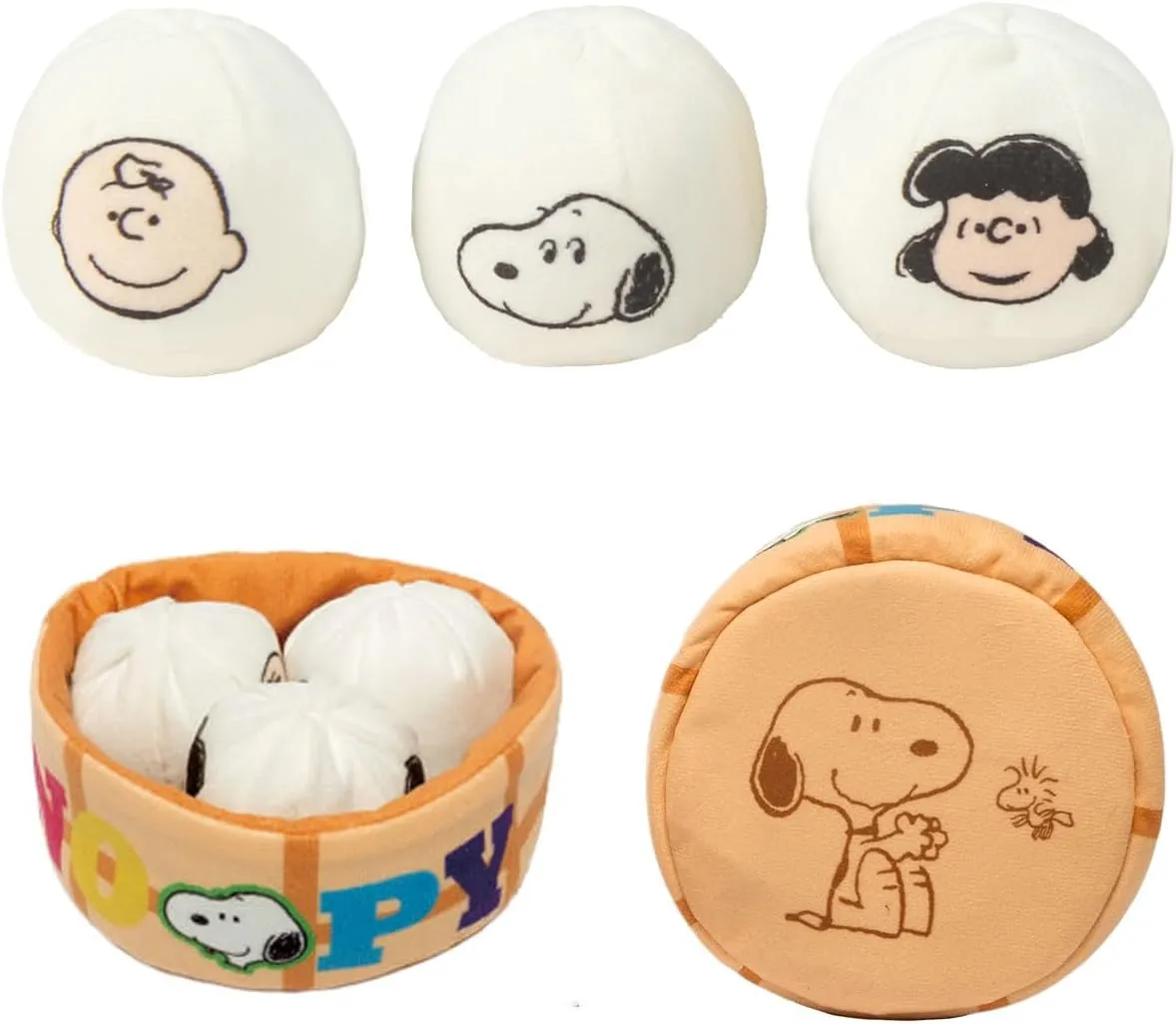 kashima x Peanuts Snoopy Steamed Bun Pet Toy Set  Squeaky Plush Toys for Cats and Small Dogs with Crinkle Basket