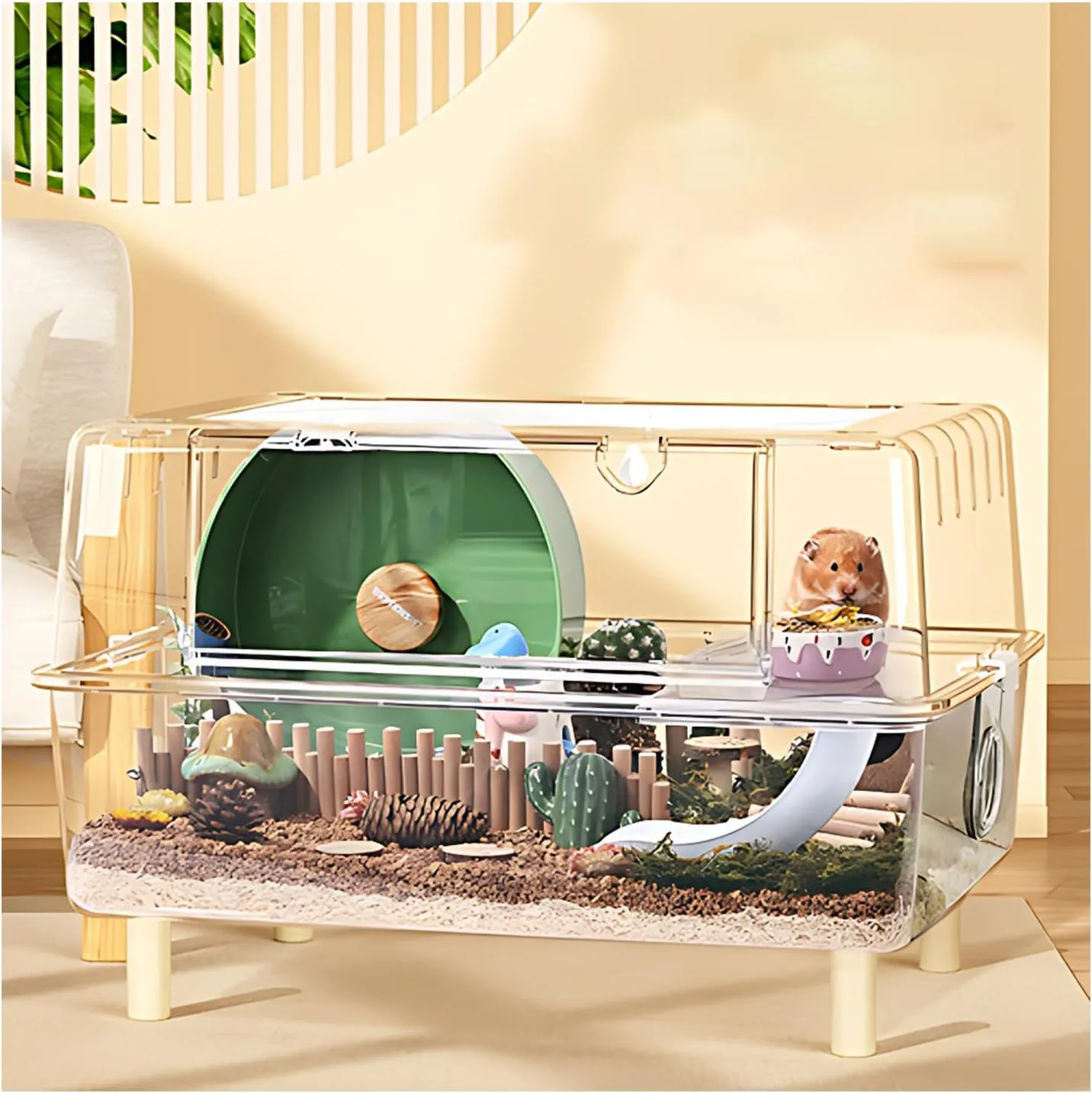 Large 2-Floor Hamster and Guinea Pig Cage Set, Luxury Rat Accommodation, Clear Acrylic Transparent View Small Animal Habitat with Slide(Transparent:24.4"x18"x13.4")