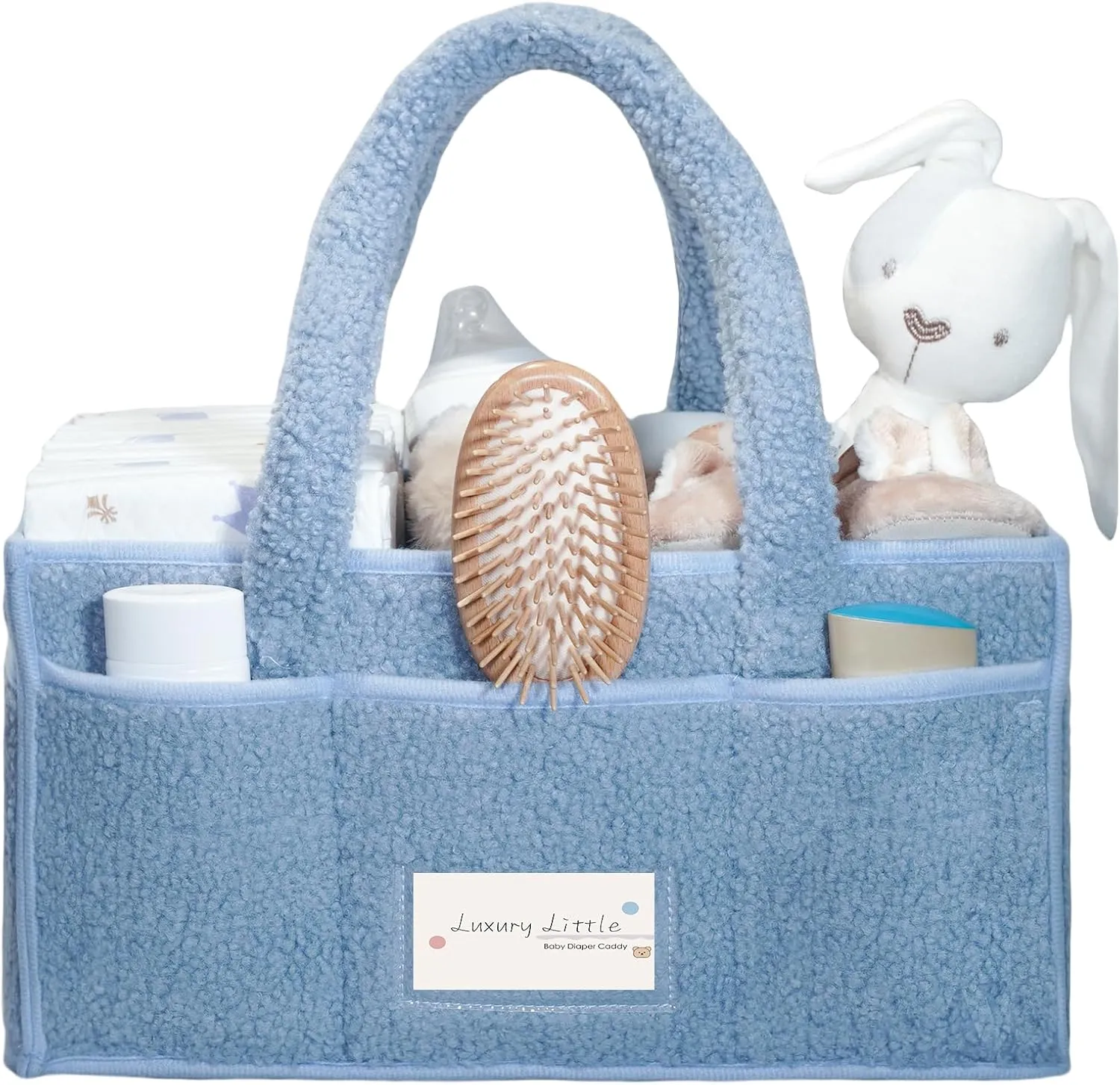 luxury little Diaper Caddy Organizer, Large Cotton Rope Nursery Baby Basket, Changing Table Organizer for Baby Diaper Storage, Portable Car Organizer with Removable Divider (Blue)