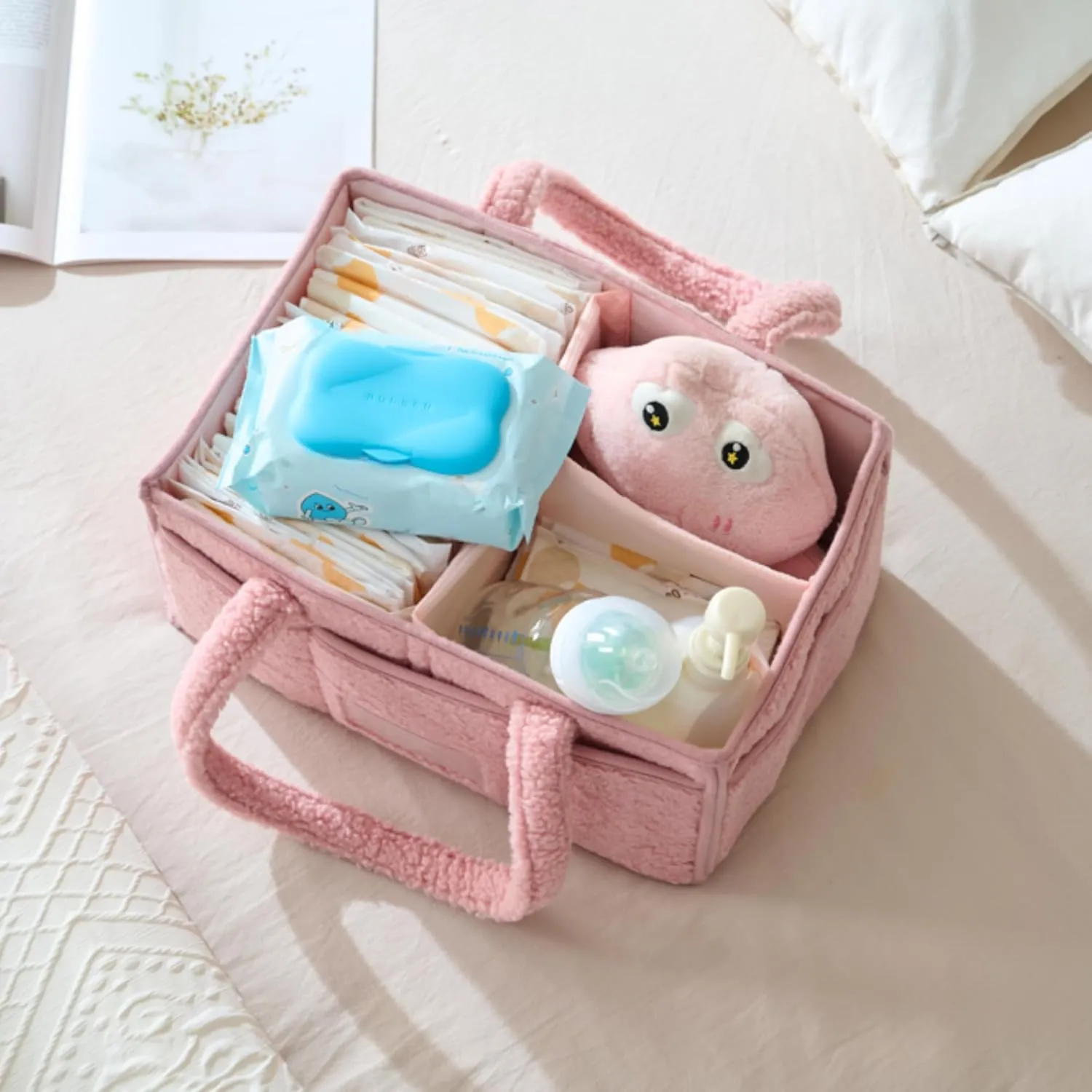 Luxury Little Diaper Caddy Organizer - Large Cotton Rope Nursery Basket with Divider - Changing Table Organizer for Storage - Pink