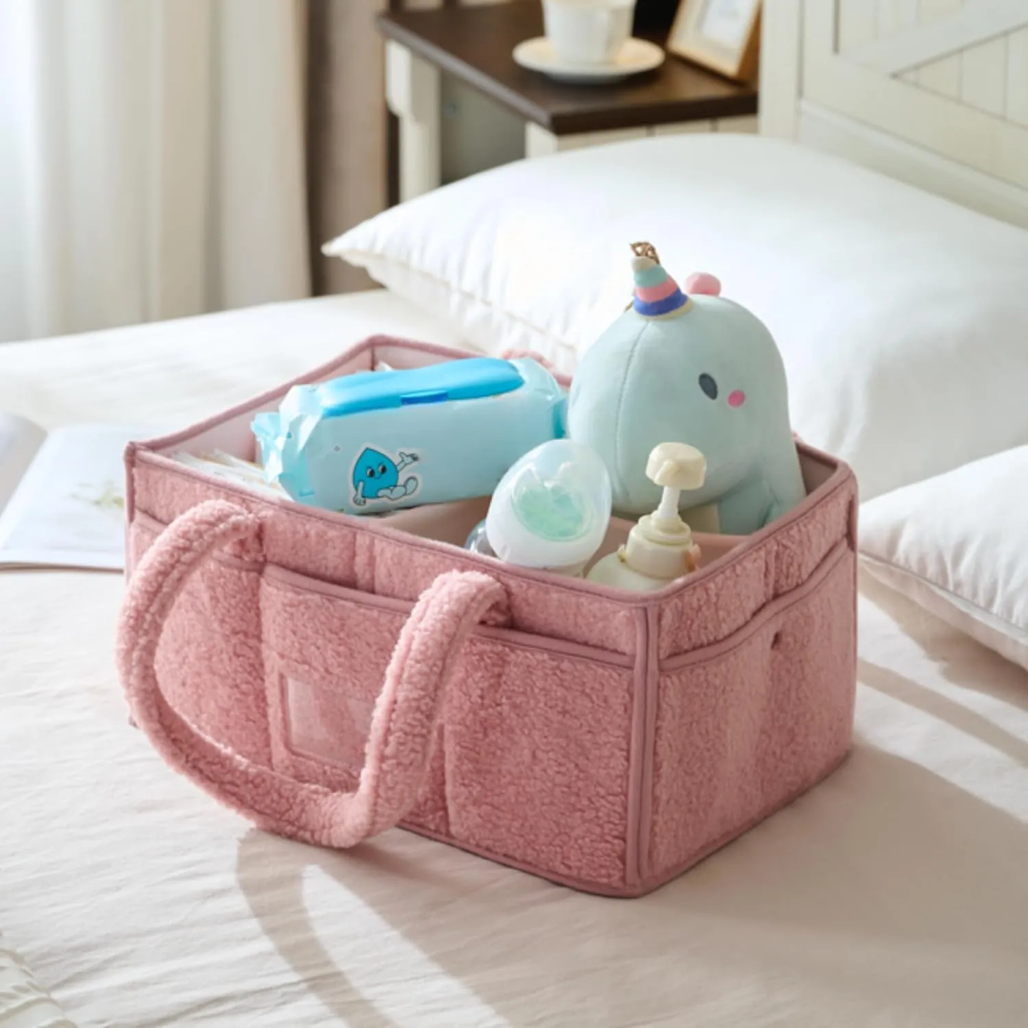 Luxury Little Diaper Caddy Organizer - Large Cotton Rope Nursery Basket with Divider - Changing Table Organizer for Storage - Pink
