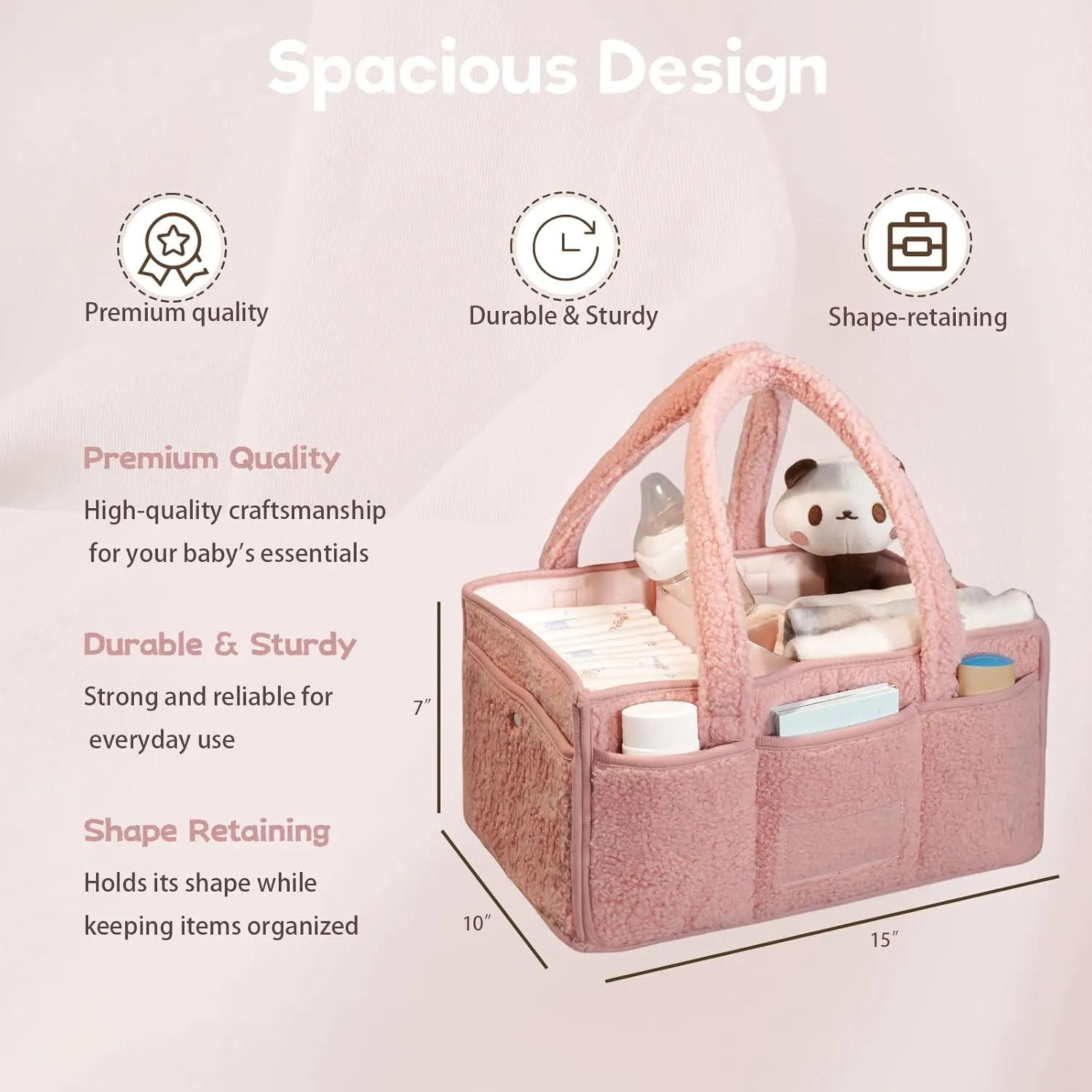 Luxury Little Diaper Caddy Organizer - Large Cotton Rope Nursery Basket with Divider - Changing Table Organizer for Storage - Pink